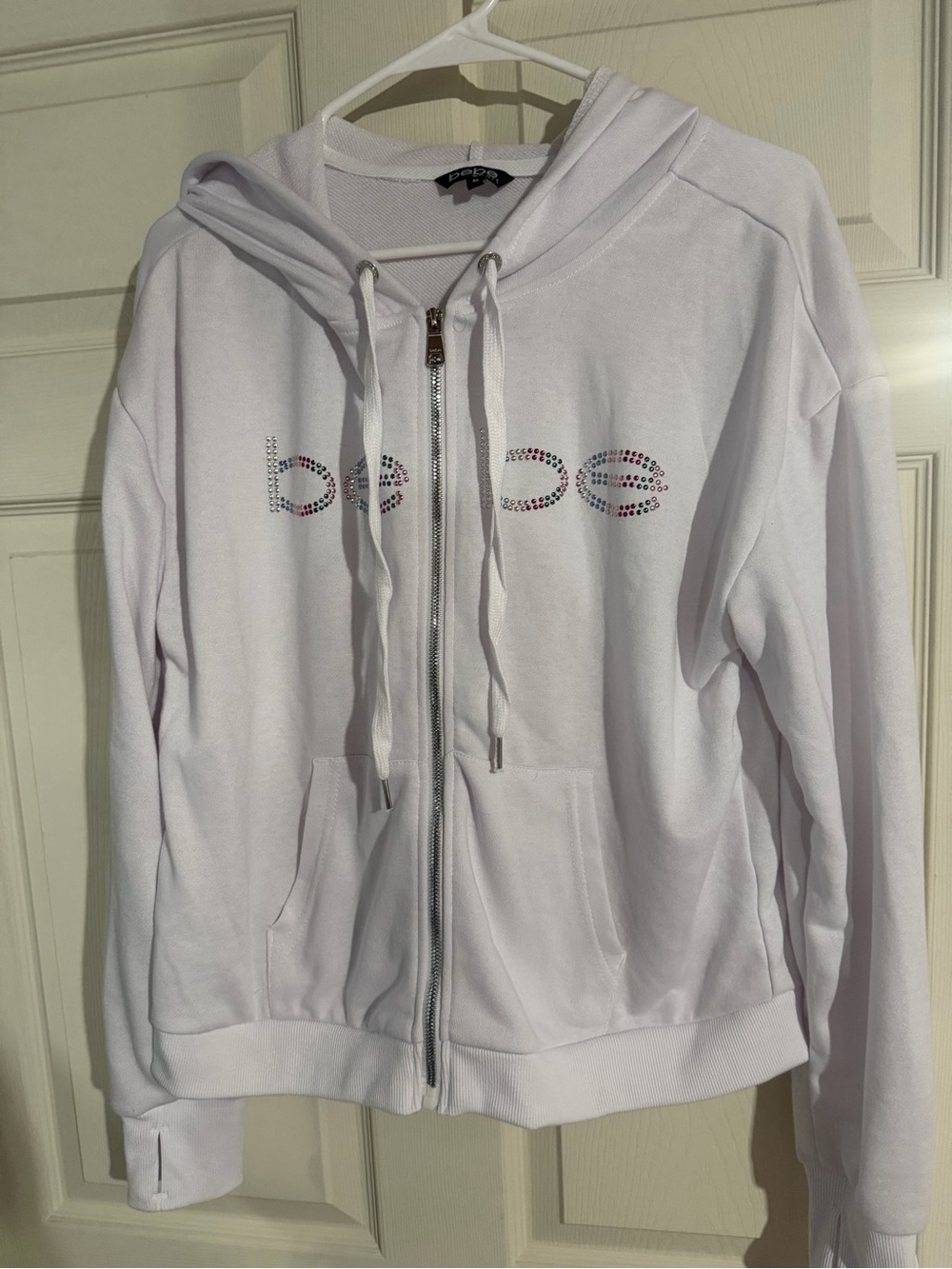 bebe White Rhinestone Logo Zip Hoodie